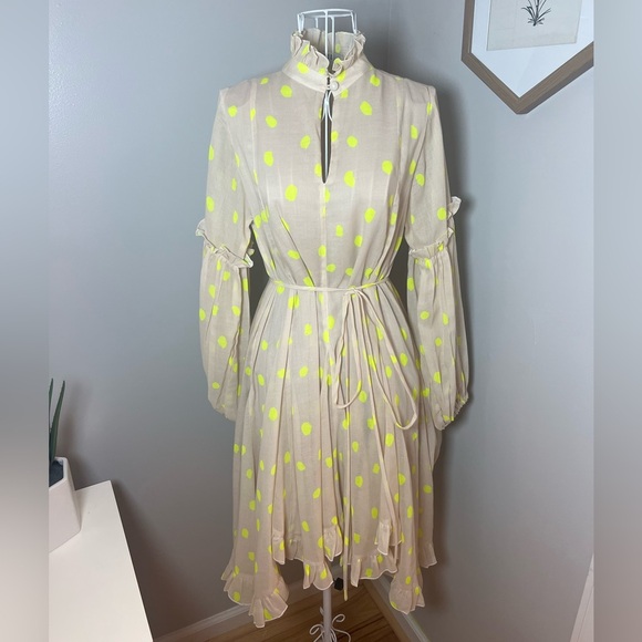 Kleid Dresses & Skirts - KLEID For Her Asymmetrical Hem Mini Dress Yellow Polka Dot Sz S Ruffle Collar